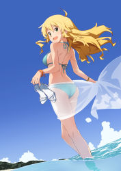 Rule 34 | 1girl, :d, ahoge, ass, back, bare arms, bare legs, bare shoulders, bikini, blonde hair, blue bikini, blue sky, blush, breasts, commentary request, day, dutch angle, feet out of frame, from behind, from below, green eyes, gulim, highres, holding, holding clothes, holding footwear, horizon, hoshii miki, idolmaster, idolmaster (classic), long hair, looking at viewer, looking back, medium breasts, ocean, open mouth, outdoors, sandals, unworn sandals, sarong, see-through, sideboob, sidelocks, sky, smile, solo, strap gap, swimsuit, wading, walking, water, white footwear, wristband