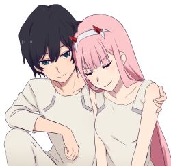 Rule 34 | 10s, 1boy, 1girl, arm on knee, beige pants, beige shirt, black hair, blouse, blue eyes, breasts, closed eyes, commentary, couple, darling in the franxx, english commentary, hair ornament, hairband, hand on another&#039;s shoulder, hetero, highres, hiro (darling in the franxx), horns, k 016002, leaning on person, long hair, looking at viewer, medium breasts, nightgown, oni horns, pajamas, pants, pink hair, red horns, shirt, short hair, side-by-side, sitting, sleeping, sleeping on person, sleeveless, sleeves rolled up, white hairband, white nightgown, white shirt, zero two (darling in the franxx)