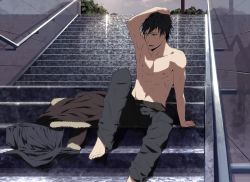 Rule 34 | 1boy, black hair, durarara!!, highres, klnothincomin, male focus, nature, open mouth, orihara izaya, outdoors, plant, topless male, short hair, solo, stairs