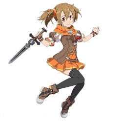 Rule 34 | 10s, 1girl, black thighhighs, brown hair, full body, hair ornament, holding, holding sword, holding weapon, looking at viewer, orange skirt, pleated skirt, red eyes, ribbon, short hair, short twintails, silica, simple background, skirt, smile, solo, striped ribbon, sword, sword art online, thighhighs, twintails, weapon, white background, wrist ribbon, zettai ryouiki