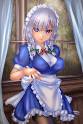 Rule 34 | 1girl, apron, black thighhighs, blue dress, blue eyes, blush, bow, braid, breasts, commentary request, cowboy shot, curtains, dress, frilled apron, frills, green bow, hair between eyes, hair bow, highres, indoors, izayoi sakuya, knife, large breasts, looking at viewer, maid, maid apron, maid headdress, neck ribbon, parted lips, petticoat, puffy short sleeves, puffy sleeves, red ribbon, ribbon, shirt, short dress, short hair, short sleeves, shounen (hogehoge), silver hair, smile, solo, standing, thighhighs, touhou, twin braids, waist apron, white apron, white shirt, window