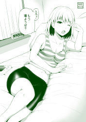 Rule 34 | 1girl, alarm clock, bike shorts, blush, bra strap, breasts, cleavage, clock, commentary request, curtains, eyebrows, female focus, finger to eye, game console, green theme, highres, indoors, knee up, lying, midriff, monochrome, navel, on bed, on side, one eye closed, open mouth, original, patting, shirt, short hair, solo, striped clothes, striped shirt, tank top, translated, wii u, yano toshinori