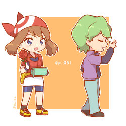 Rule 34 | 0zr8hc, 1boy, 1girl, :d, bandana, black shirt, blue eyes, brown eyes, creatures (company), drew (pokemon), flower, full body, game freak, gloves, green hair, holding, holding flower, jacket, long sleeves, looking at another, may (pokemon), nintendo, open clothes, open jacket, open mouth, pants, pokemon, pokemon (anime), pokemon rse (anime), purple jacket, red bandana, red flower, red rose, red shirt, rose, shirt, shoes, short sleeves, shorts, smile, twitter username