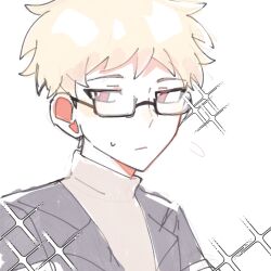 Rule 34 | 1boy, atou haruki, black jacket, blonde hair, brown sweater, chinese commentary, closed mouth, commentary request, glasses, jacket, male focus, open clothes, open jacket, pale skin, portrait, rectangular eyewear, red eyes, saibou shinkyoku, semi-rimless eyewear, short hair, simple background, sketch, solo, sparkle, sweater, turtleneck, turtleneck sweater, uvy05, white background