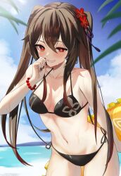 Rule 34 | 1girl, bare shoulders, bead bracelet, beads, bikini, black bikini, black hair, black nails, blue sky, blush, bracelet, cloud, collarbone, commentary request, cowboy shot, day, genshin impact, grin, highres, hu tao (genshin impact), janome yuiwa, jewelry, long hair, looking at viewer, nail polish, navel, red eyes, sky, smile, solo, standing, stomach, swimsuit, twintails, very long hair