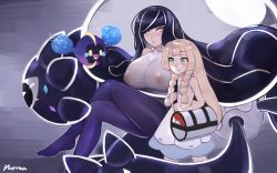 Rule 34 | alternate breast size, bad id, bad pixiv id, bag, black hair, blonde hair, blush, braid, breasts, cosmog, covered erect nipples, creatures (company), crossed legs, game freak, gen 7 pokemon, green eyes, highres, huge breasts, legendary pokemon, light blush, lillie (pokemon), long hair, looking at viewer, lusamine (pokemon), mother and daughter, multicolored hair, nintendo, norza, pantyhose, pokemon, pokemon (creature), pokemon sm, smile, twin braids, two-tone hair, yellow eyes