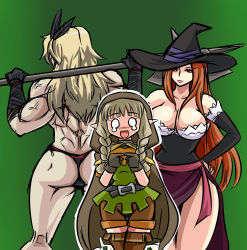 Rule 34 | 3girls, amazon (dragon&#039;s crown), ass, axe, back, blonde hair, breasts, cleavage, detached sleeves, dragon&#039;s crown, dress, elf (dragon&#039;s crown), halberd, hat, large breasts, legs, long hair, multiple girls, muscular, orange hair, panties, pointy ears, polearm, side slit, simple background, sorceress (dragon&#039;s crown), strapless, strapless dress, thick thighs, thighs, thong, tonda, underwear, weapon, witch hat