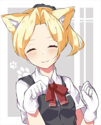 Rule 34 | 1girl, :3, ^ ^, animal ears, black vest, blush, bow, bowtie, cat ears, closed eyes, closed mouth, collared shirt, facing viewer, forehead, hikobae, kantai collection, kemonomimi mode, maikaze (kancolle), parted bangs, paw pose, paw print, paw print background, ponytail, red bow, red bowtie, shirt, short hair, short sleeves, smile, solo, two-tone background, upper body, vest, white shirt, wing collar