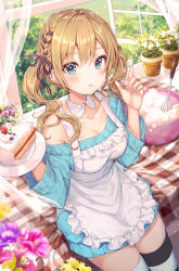 Rule 34 | 1girl, apron, bare shoulders, blue dress, blue eyes, bowl, breasts, brown hair, cake, cake slice, collarbone, cream, detached collar, dress, flower, food, frilled apron, frills, hair ribbon, hands up, holding, index finger raised, indoors, long hair, long sleeves, looking at viewer, medium breasts, off-shoulder dress, off shoulder, original, parted lips, plaid, plant, plate, potted plant, r o ha, ribbon, solo, striped clothes, striped thighhighs, thighhighs, twintails, whisk, white apron, window, zettai ryouiki