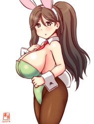 Rule 34 | 1girl, alternate costume, amagi (kancolle), animal ears, artist logo, bow, bowtie, breasts, brown eyes, brown hair, brown pantyhose, covered navel, cowboy shot, dated, detached collar, fake animal ears, fake tail, flower, green leotard, hair flower, hair ornament, high ponytail, highleg, highleg leotard, huge breasts, kanon (kurogane knights), kantai collection, large breasts, leotard, long hair, looking at viewer, mole, mole under eye, necktie, one-hour drawing challenge, pantyhose, playboy bunny, rabbit ears, rabbit tail, red necktie, simple background, solo, strapless, strapless leotard, tail, traditional bowtie, white background, wrist cuffs