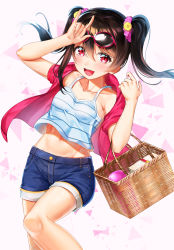 Rule 34 | 1girl, :d, basket, black hair, blush, breasts, commentary request, eyewear on head, hachinatsu, highres, looking at viewer, love live!, love live! school idol festival, love live! school idol project, m/, midriff, navel, open mouth, red eyes, shirt, short hair, shorts, small breasts, smile, solo, striped clothes, striped shirt, sunglasses, twintails, yazawa nico