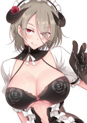 Rule 34 | 1girl, :q, black bra, black gloves, blush, bow, bra, breasts, corset, cum, cum on body, cum on breasts, cum on clothes, cum on horns, cum on stomach, cum on upper body, detached collar, eyes visible through hair, facial, fei luo mao, flower, gloves, grey hair, hair over one eye, highres, honkai (series), honkai impact 3rd, horns, large breasts, looking at viewer, maid, maid headdress, puffy short sleeves, puffy sleeves, red eyes, red flower, red rose, rita rossweisse, rita rossweisse (umbral rose), rose, seductive smile, short hair, short sleeves, shrug (clothing), simple background, smile, solo, tongue, tongue out, underwear, white background, white bow