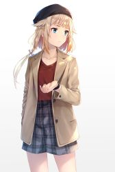 Rule 34 | 1girl, blue eyes, braid, braided ponytail, brown coat, buttons, cevio, coat, coffee tart, collarbone, commentary, cowboy shot, expressionless, hat, highres, looking to the side, medium hair, miniskirt, one (cevio), plaid, plaid skirt, platinum blonde hair, ponytail, red shirt, shirt, skirt, solo, standing, watch, white background, wristwatch