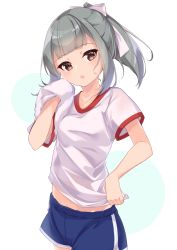Rule 34 | 1girl, blue shorts, blunt bangs, bow, breasts, collarbone, commentary, green hair, gym shirt, gym uniform, hair bow, highres, holding, holding towel, kantai collection, looking at viewer, open mouth, ponytail, shirt, shorts, sidelocks, solo, sweat, towel, uut, white bow, white shirt, yuubari (kancolle), yuubari kai ni (kancolle)