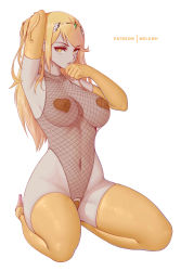 Rule 34 | 1girl, absurdres, arm up, armpits, artist name, blonde hair, breasts, collarbone, covered erect nipples, full body, hand in own hair, hand on own chin, high heels, highres, large breasts, leotard, long hair, looking at viewer, melowh, mythra (xenoblade), navel, parted lips, pasties, see-through, see-through leotard, simple background, sitting, solo, stomach, thighhighs, tiara, very long hair, white background, xenoblade chronicles (series), xenoblade chronicles 2, yellow eyes, yellow thighhighs