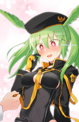 Rule 34 | 1girl, beret, black jacket, blush, breasts, bright pupils, fate/grand order, fate (series), green hair, hat, head wings, jacket, kiyu (queue), looking at viewer, medium breasts, olrun (fate), one-piece swimsuit, open mouth, red eyes, swimsuit, twintails, twitter username, two-tone gloves, valkyrie (fate), white pupils, wings