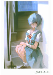 Rule 34 | 1girl, :|, ayanami rei, bandaged arm, bandages, blue hair, blue shirt, blue skirt, border, breasts, closed mouth, dated, eyepatch, hair between eyes, highres, knees, loafers, looking at viewer, medical eyepatch, neon genesis evangelion, pleated skirt, red eyes, red ribbon, ribbon, school uniform, shirt, shoes, short hair, short sleeves, skirt, small breasts, socks, solo, squatting, stairs, tokyo-3 middle school uniform, user jcym8788, white border, white socks