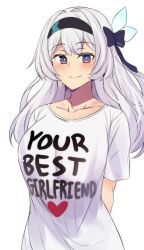 Rule 34 | 1girl, absurdres, arms behind back, black hairband, blue bow, bow, breasts, clothes writing, collarbone, firefly (honkai: star rail), hair bow, hairband, heart, highres, hinghoi, honkai: star rail, honkai (series), large breasts, purple eyes, shirt, short sleeves, simple background, solo, upper body, white background, white hair, white shirt