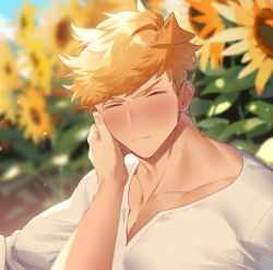 Rule 34 | 1boy, blonde hair, blush, breasts, cleavage, closed eyes, closed mouth, day, flower, granblue fantasy, hand on another&#039;s head, higashigunkan, large pectorals, male focus, muscular, muscular male, outdoors, pectorals, shirt, solo focus, sunflower, upper body, vane (granblue fantasy), white shirt