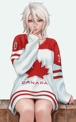 Rule 34 | 1girl, 2018, blue eyes, brick, canadian flag, clothes writing, commentary, english commentary, english text, expressionless, finger to mouth, grey background, grey hair, hair between eyes, hand up, highres, jersey, lips, long sleeves, looking at viewer, no pants, nose, original, parted lips, sciamano240, short hair, signature, simple background, sitting, sleeves past wrists, solo