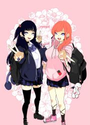 Rule 34 | 2girls, backpack, bag, black hair, black thighhighs, blue eyes, double v, drawstring, ear piercing, earrings, final fantasy, final fantasy xiv, gaia (ff14), goth fashion, headphones, highres, hood, hoodie, hyur, jacket, jewelry, long hair, looking at viewer, multiple girls, ooshima ryou, open clothes, open jacket, open mouth, piercing, pleated skirt, red hair, ryne waters, skirt, smile, square enix, stuffed animal, stuffed toy, thighhighs, v