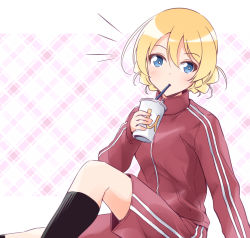 Rule 34 | 1girl, bad id, bad twitter id, black socks, blonde hair, blue eyes, braid, commentary, cup, darjeeling (girls und panzer), disposable cup, double vertical stripe, drinking, drinking straw, girls und panzer, gym shorts, gym uniform, holding, holding cup, jacket, letterboxed, logo, long sleeves, looking at viewer, notice lines, pink background, plaid, plaid background, red jacket, red shorts, short hair, shorts, sitting, socks, solo, track jacket, twin braids, vri (tinder box), wcdonald&#039;s