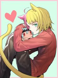 Rule 34 | 1boy, ahoge, animal ears, bad id, bad twitter id, blonde hair, blue hair, cat ears, cat tail, character doll, erubo, green eyes, heart, multicolored hair, original, pink hair, red eyes, ribbed sweater, ronaldo castroneves, split-color hair, sweater, tail, theodor bachstein