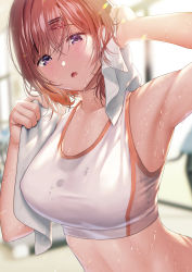 Rule 34 | 1girl, arm up, armpits, backlighting, blush, breasts, chinpan, dappled sunlight, hair ornament, hairclip, half-closed eyes, highres, higuchi madoka, idolmaster, idolmaster shiny colors, indoors, large breasts, looking at viewer, messy hair, midriff, navel, nervous sweating, open mouth, purple eyes, red hair, short hair, solo, sports bra, sportswear, sunlight, sweat, towel, upper body