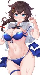 1girl absurdres ahoge bikini blue_bikini blue_eyes blush braid breasts brown_hair calin cleavage closed_mouth collared_shirt cowboy_shot groin hair_between_eyes hair_flaps highres kantai_collection large_breasts long_hair looking_at_viewer navel official_alternate_costume open_clothes open_shirt shigure_(kancolle) shigure_kai_san_(kancolle) shigure_kai_san_(swimsuit)_(kancolle) shirt short_sleeves simple_background single_braid solo swimsuit thigh_strap wet white_background white_shirt