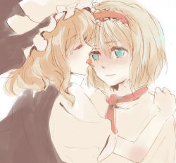 Rule 34 | 2girls, alice margatroid, bad id, bad pixiv id, blonde hair, blue eyes, blush, closed eyes, female focus, hairband, hand on another&#039;s shoulder, hat, hug, kirisame marisa, licking, licking tears, multiple girls, ribbon, sad, short hair, shy, tears, tongue, tongue out, touhou, wavy mouth, witch, witch hat, yammar, yuri