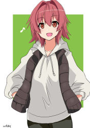 Rule 34 | 1girl, alternate costume, black pants, black vest, border, cowboy shot, eighth note, green background, hands in pockets, hinase (jet hearts), hood, hooded sweater, hoodie, kantai collection, kinu (kancolle), looking at viewer, musical note, orange eyes, pants, red hair, short hair, smile, solo, sweater, two-tone background, vest, white border, white sweater