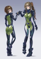 Rule 34 | 2girls, armored bodysuit, ass, blue bodysuit, blue eyes, blush, bodysuit, breasts, brown eyes, brown hair, character request, covered navel, fist bump, fortified suit, full body, glasses, green bodysuit, grey background, highres, impossible bodysuit, impossible clothes, kurione (zassou), long hair, medium breasts, multiple girls, muv-luv, muv-luv alternative, one eye closed, ponytail, shiny clothes, short hair