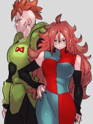 Rule 34 | 1boy, 1girl, android 16, android 21, black nails, blue eyes, breasts, checkered clothes, checkered dress, dragon ball, dragon ball fighterz, dragonball z, dress, earrings, glasses, grey background, hair between eyes, hand on own hip, hoop earrings, jewelry, kemachiku, large breasts, long hair, looking at viewer, nail polish, red hair, red ribbon army, short hair, simple background