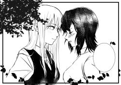 Rule 34 | 2girls, asahina yuni, blush, chinese commentary, closed mouth, collared shirt, commentary request, falling petals, greyscale, haoxiangkan nutong, highres, kyou wa kanojo ga inai kara, long hair, looking at another, medium hair, monochrome, multiple girls, necktie, open mouth, petals, school uniform, shirt, sidelocks, taki fuuko, upper body, vest, wolf cut