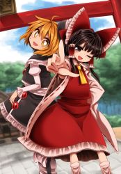Rule 34 | &gt;;d, 2girls, :d, ;d, ahoge, back-to-back, blonde hair, blush, bow, brown eyes, brown hair, cocked eyebrow, detached sleeves, dress, foreshortening, hair bow, hair ribbon, hair tubes, hakurei reimu, hand on own hip, harukawa moe (style), harusame (unmei no ikasumi), hat, juliet sleeves, large bow, long sleeves, lunasa prismriver, multiple girls, nervous smile, one eye closed, open mouth, parody, pointing, pointing at viewer, puffy sleeves, ribbon, ribbon-trimmed sleeves, ribbon trim, sidelocks, smile, style parody, sweatdrop, torii, touhou, v-shaped eyebrows, yellow eyes