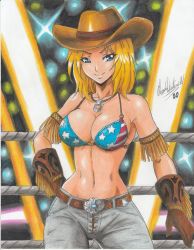 Rule 34 | 1girl, belt, bikini, blonde hair, blue eyes, breasts, cowboy hat, dead or alive, hat, highres, large breasts, long hair, ravernclouk design, solo, swimsuit, tina armstrong, wrestling ring