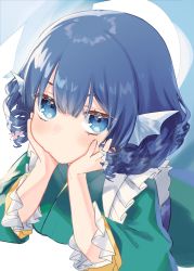 Rule 34 | 1girl, blue eyes, blue hair, blush, commentary, drill hair, eyebrows hidden by hair, fins, frilled sleeves, frills, green kimono, hair between eyes, hands up, head fins, head rest, highres, japanese clothes, kimono, long sleeves, looking at viewer, mokokiyo (asaddr), short hair, solo, symbol-only commentary, touhou, wakasagihime