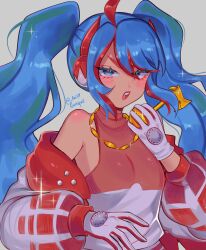Rule 34 | 1girl, blue eyes, blue hair, creatures (company), fire miku (project voltage), game freak, gloves, hatsune miku, headphones, highres, jacket, jewelry, long hair, looking at viewer, multicolored hair, musical note, necklace, nintendo, open clothes, open jacket, open mouth, poke ball print, pokemon, project voltage, puffy sleeves, ruinique, shirt, simple background, twintails, two-tone gloves, two-tone hair, very long hair, vocaloid