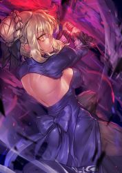 Rule 34 | 1girl, artoria pendragon (fate), backless outfit, blonde hair, braid, breasts, darkness, excalibur (fate/stay night), fate/grand order, fate (series), highres, melon22, saber (fate), saber alter, short hair, sideboob, solo, sword, weapon
