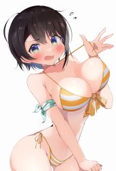 Rule 34 | 1girl, absurdres, ahoge, aqua eyes, armband, bare shoulders, bikini, blush, breasts, brown hair, cleavage, cowboy shot, front-tie bikini top, front-tie top, highres, hololive, kuno (kc9s), large breasts, leaning forward, looking at viewer, oozora subaru, oozora subaru (hololive summer 2019), open mouth, polka dot, short hair, side-tie bikini bottom, simple background, solo, strap lift, strap pull, striped bikini, striped clothes, swimsuit, virtual youtuber, wet, white background, wide hips
