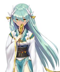 Rule 34 | 1girl, absurdres, brown eyes, covered mouth, dragon horns, fate/grand order, fate (series), green hair, hair between eyes, headgear, highres, holding, horns, i.f.s.f, japanese clothes, kimono, kiyohime (fate), long hair, long sleeves, looking at viewer, obi, sash, simple background, solo, standing, very long hair, white background, white kimono, wide sleeves