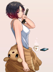 Rule 34 | 1girl, adjustable wrench, bare shoulders, black hair, breasts, cellphone, cup, from side, gradient hair, hamster costume, hatogayar, highres, holding, holding wrench, kisaragi ren (vtuber), looking at viewer, medium breasts, mug, multicolored hair, parted bangs, parted lips, phone, red eyes, red hair, short hair, simple background, smartphone, solo, tank top, virtual youtuber, vspo!, white background, white tank top, wiping sweat, wrench