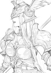 Rule 34 | 1girl, absurdres, armor, boobplate, breastplate, collar, covered eyes, final fantasy, final fantasy xiv, from side, greyscale, halone (ff14), helmet, highres, long hair, metal collar, monochrome, parted lips, pauldrons, shi ye, shoulder armor, simple background, sketch, solo, straight hair, upper body, white background, winged helmet