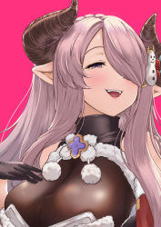 Rule 34 | 1girl, black gloves, blue eyes, braid, breasts, christmas, commentary request, draph, dress, fur-trimmed dress, fur trim, gloves, granblue fantasy, hair over one eye, hand on breast, highres, horns, large breasts, light purple hair, long hair, looking at viewer, low tied hair, narmaya (granblue fantasy), narmaya (holiday) (granblue fantasy), pink background, pointy ears, purple hair, red dress, single braid, snowman hair ornament, solo, teriton