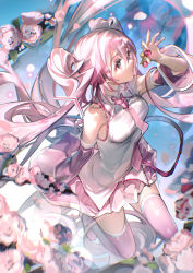 Rule 34 | 1girl, absurdres, alternate hair color, bare shoulders, commentary, detached sleeves, hair between eyes, hatsune miku, highres, long hair, long sleeves, pink eyes, pink hair, pink skirt, pink thighhighs, rumoon, shirt, skirt, solo, thighhighs, twintails, very long hair, vocaloid, white shirt, wide sleeves