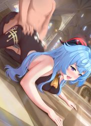Rule 34 | 1boy, 1girl, ass, ass grab, blue hair, blush, clothed female nude male, feet, ganyu (genshin impact), genshin impact, highres, horns, long hair, minted, nude, open mouth, purple eyes, sex, sex from behind, soles, toes, torn clothes
