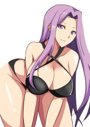Rule 34 | 1girl, bare shoulders, bikini, black bikini, breasts, cleavage, fate/stay night, fate (series), hifumi hajime, large breasts, leaning forward, long hair, looking at viewer, md5 mismatch, medusa (fate), medusa (rider) (fate), official alternate costume, purple eyes, purple hair, simple background, solo, standing, swimsuit, transparent background