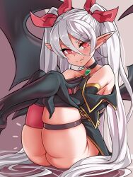 Rule 34 | 1girl, asanagi (style), ass, bare shoulders, bat wings, bow, breasts, demon girl, demon girl (steedoj), demon wings, earrings, fang, hair bow, heart, heart earrings, highres, jewelry, large breasts, long hair, long sleeves, looking at viewer, original, pointy ears, red bow, red eyes, sirachi, sitting, skin fang, slit pupils, smile, thigh strap, thighhighs, twintails, very long hair, white hair, wings