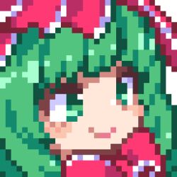 1girl bow green_eyes green_hair kagiyama_hina kumamoto_(bbtonhk2) lowres pixel_art portrait red_bow red_ribbon ribbon smile solo touhou