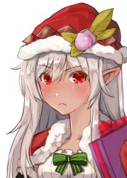 Rule 34 | 1girl, blush, bow, buronko, dark-skinned female, dark skin, food-themed hair ornament, food themed hair ornament, frown, gift, green bow, hair ornament, hat, looking at viewer, peach hair ornament, pointy ears, red eyes, santa hat, silver hair, simple background, solo, tanigawa kent, touhou, upper body, white background
